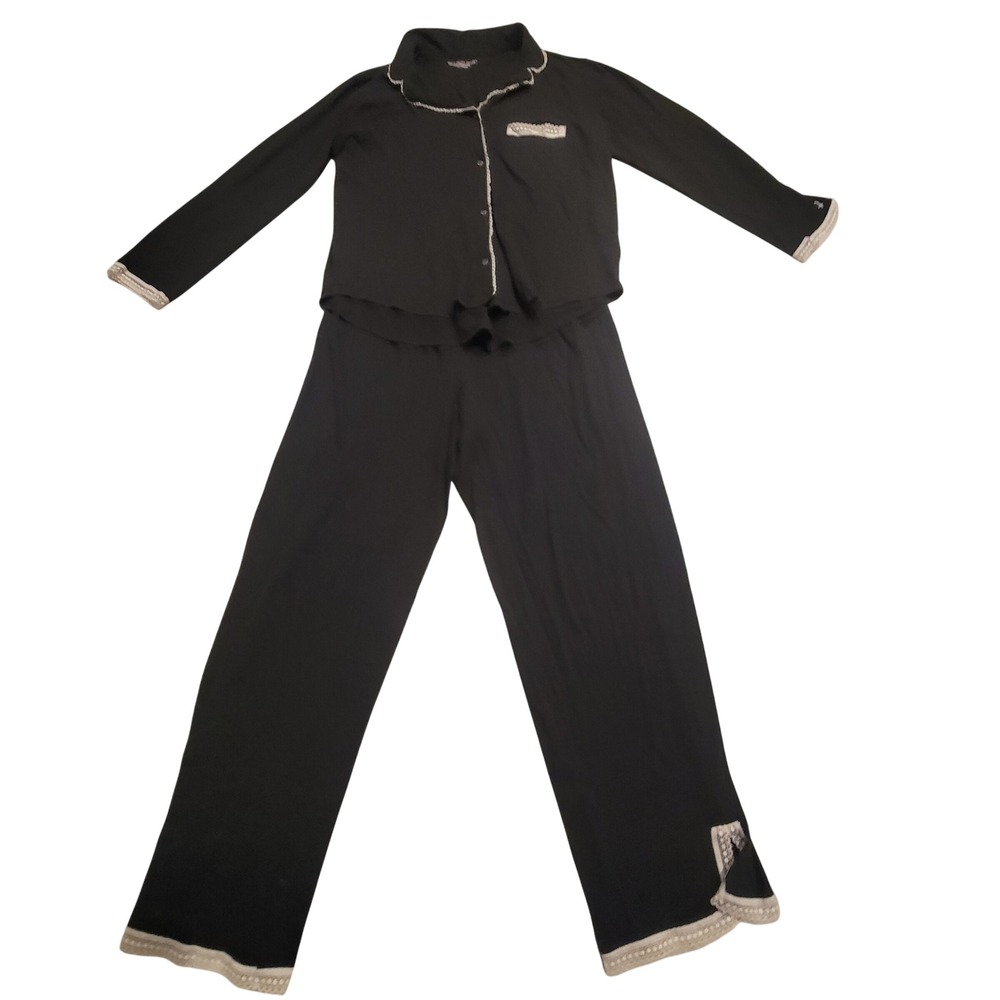 Victoria's Secret Black Lace Trim Pajama Set Long Sleeve Pants L athleisure cozy